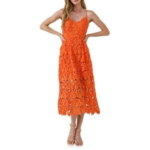 Endless Rose Floral Cutout Lace Midi Dress Sleeveless Orange Medium